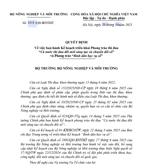 Bộ Nông nghiệp và Môi trường phát động phong trào thi đua “Cả nước thi đua đổi mới sáng tạo và chuyển đổi số” và Phong trào “Bình dân học vụ số”